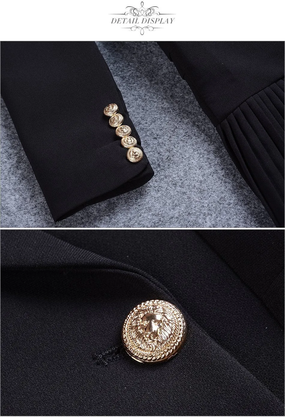 Newline Fashion Black/Gold Button Full Sleeve Skirt Style Pleated Long Style Formal Double Breasted Trench Coat