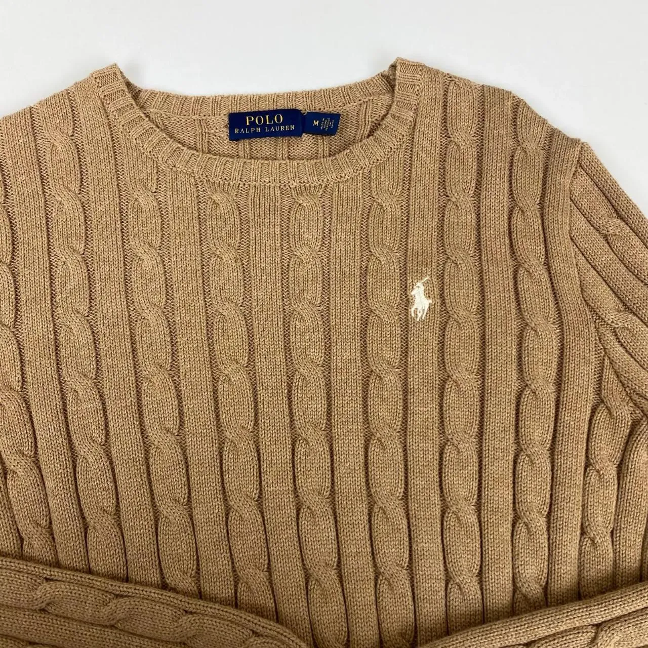 Preowned Polo Ralph Lauren Womens Cable-Knit Jumper Size M Beige Crew Sweater Logo.