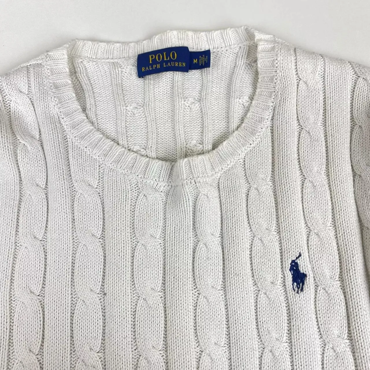 Preowned Polo Ralph Lauren Womens Cable-Knit Jumper Size M White Crewneck Sweater Logo.