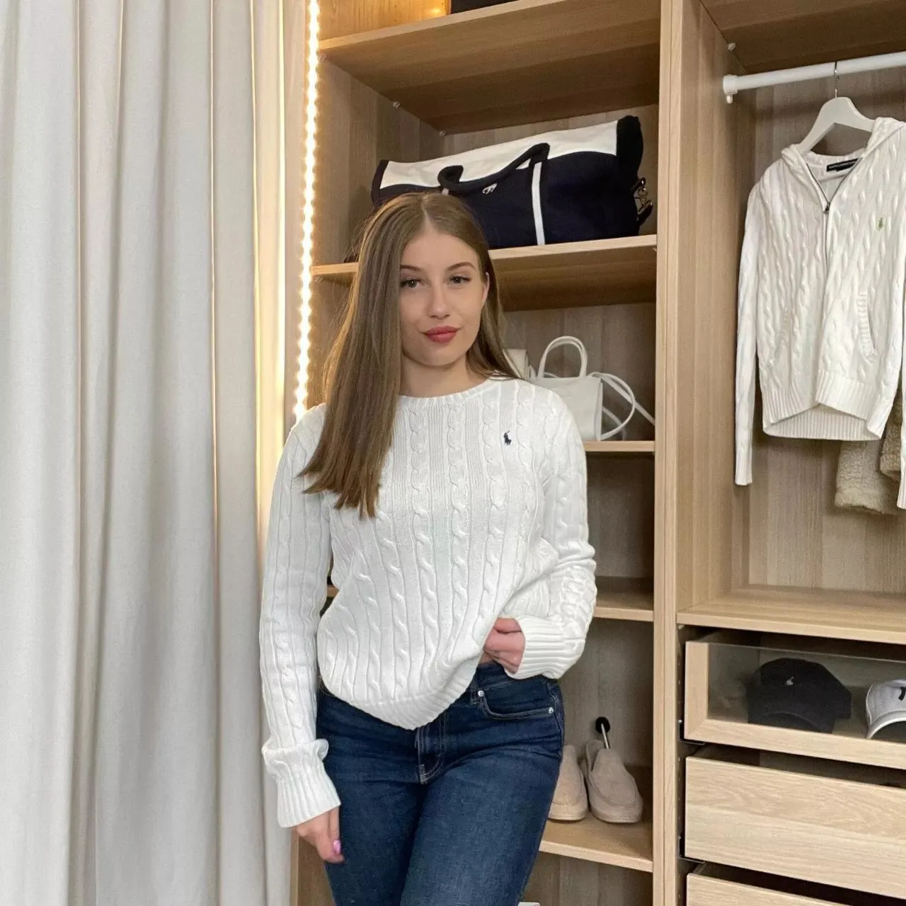 Preowned Polo Ralph Lauren Womens Cable-Knit Jumper Size M White Crewneck Sweater Logo.