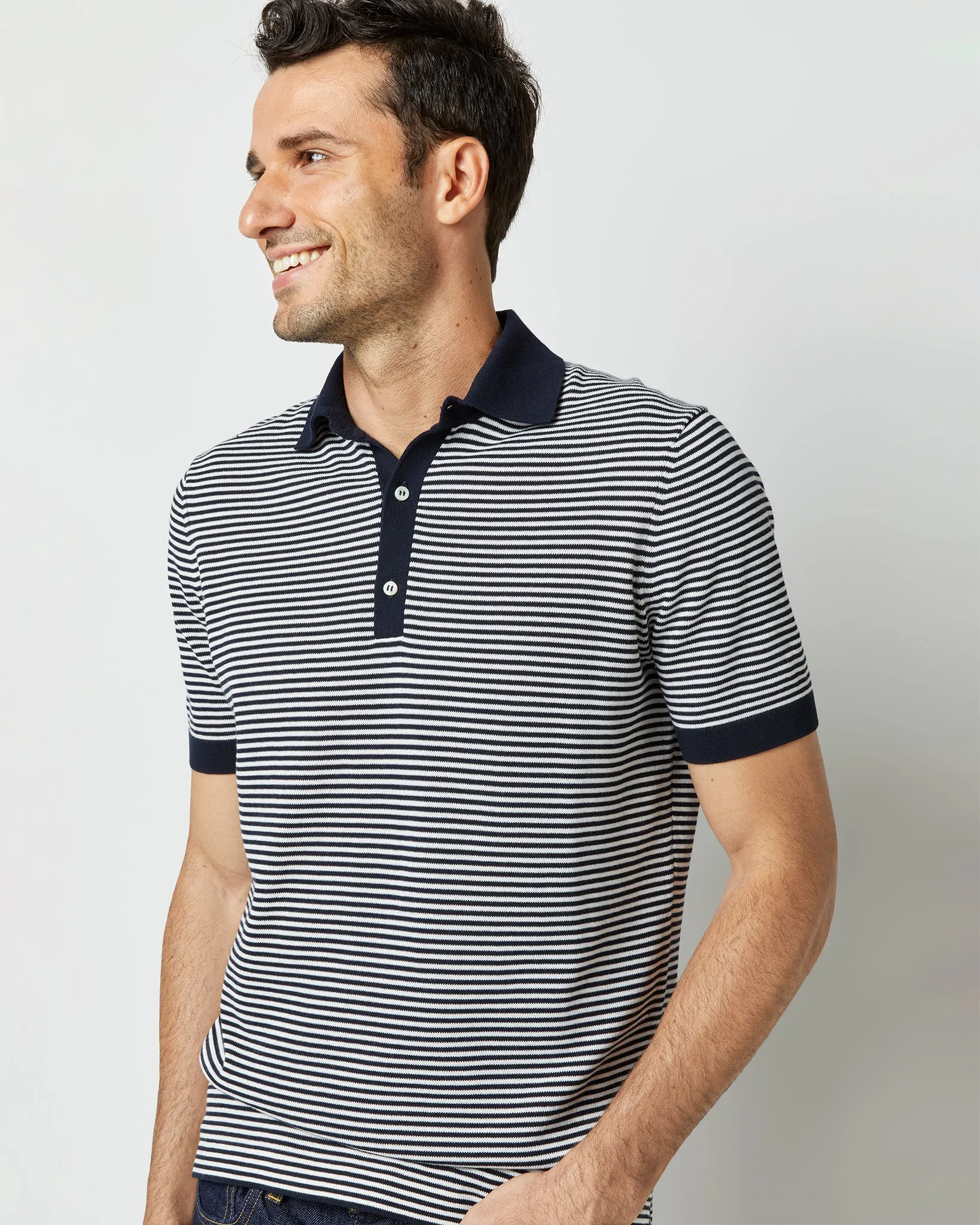 Rally Polo Sweater in Navy/Chalk Stripe Cotton