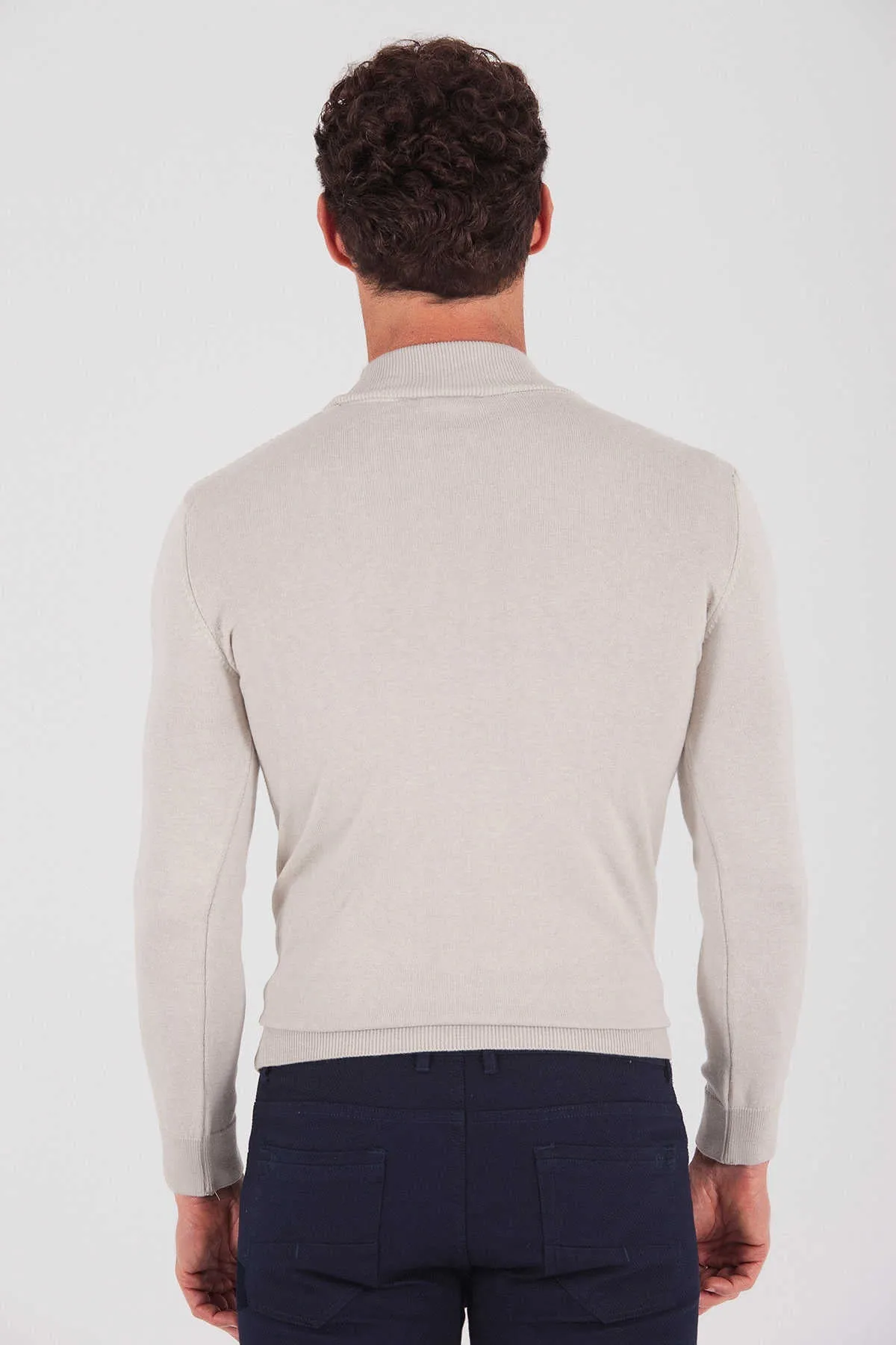 Regular Fit Plain Cotton Blend Bone Mock Neck Sweater, Bone