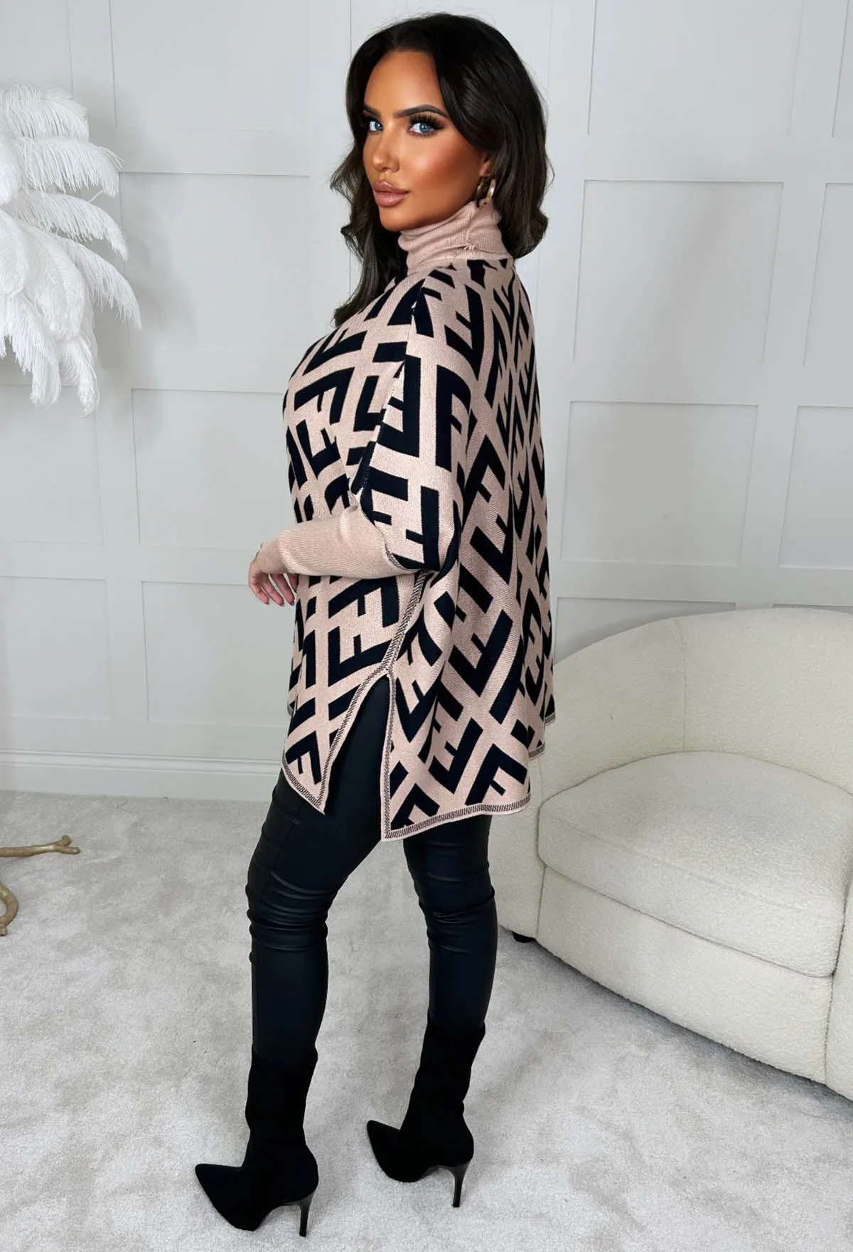Risk My Love Beige Monogram Print High Neck Poncho Jumper