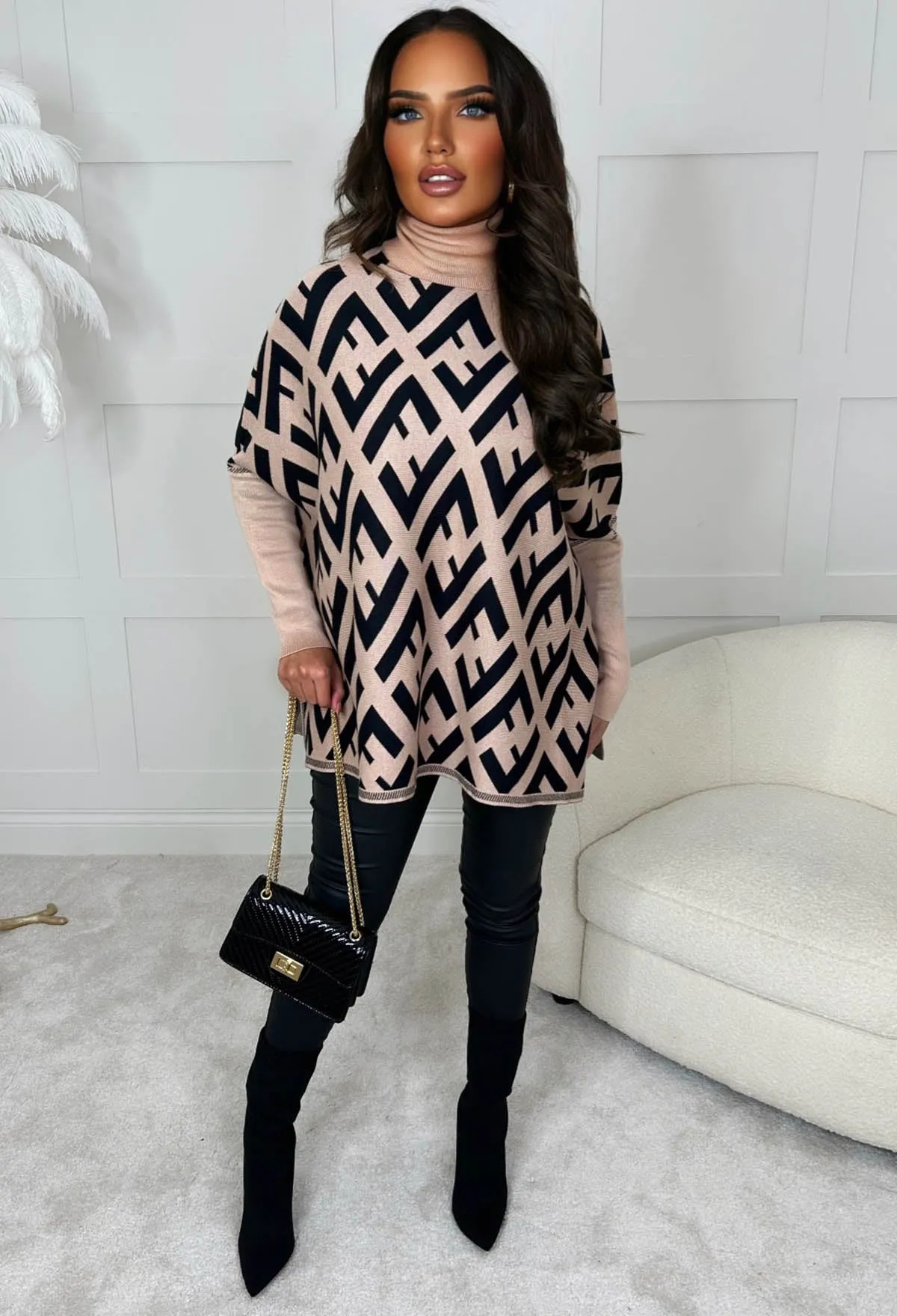 Risk My Love Beige Monogram Print High Neck Poncho Jumper