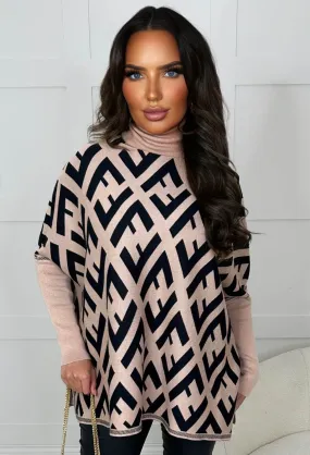 Risk My Love Beige Monogram Print High Neck Poncho Jumper