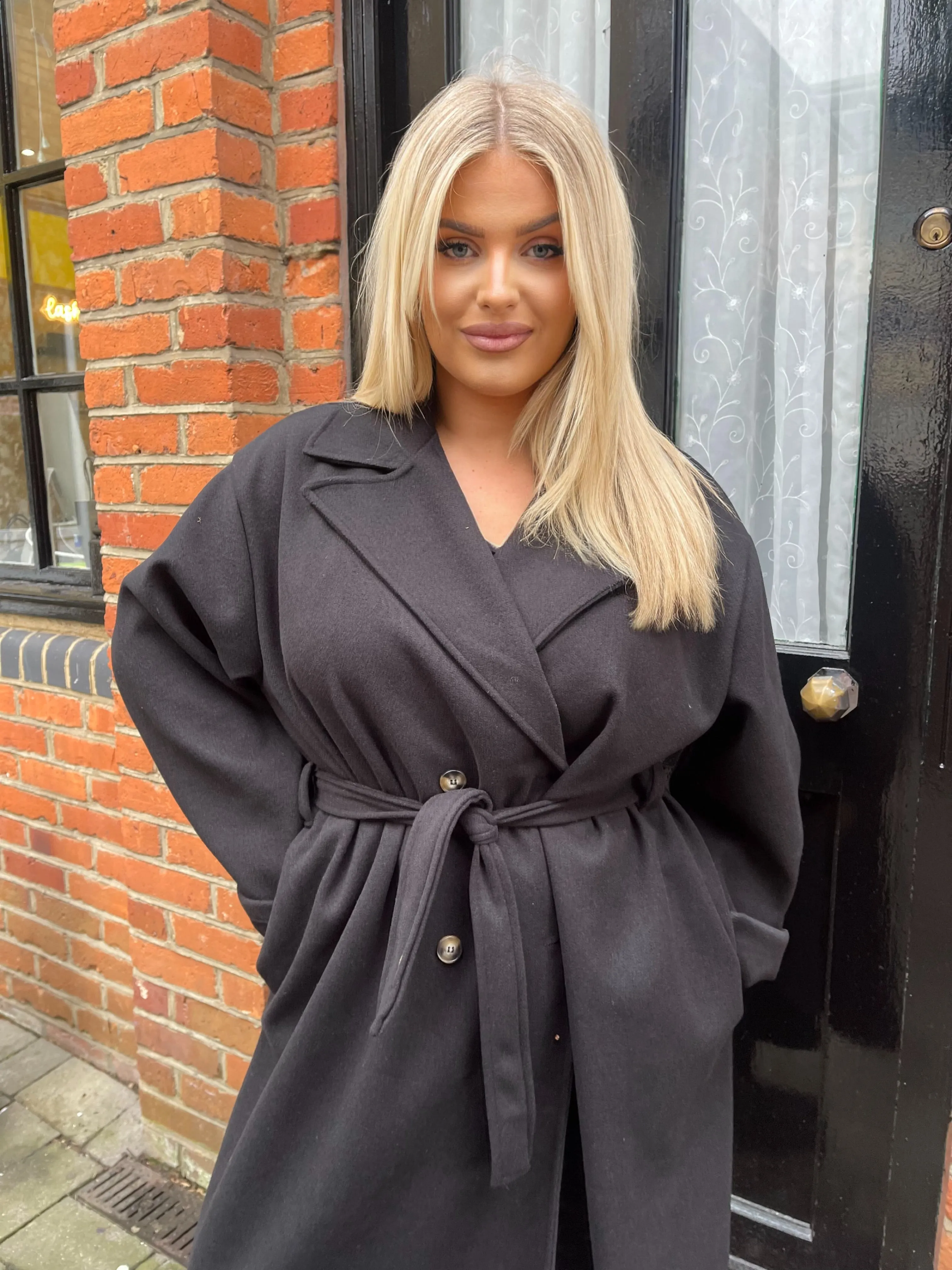 Sinita Black Button Detailed Belted Trench Coat - Plus Size