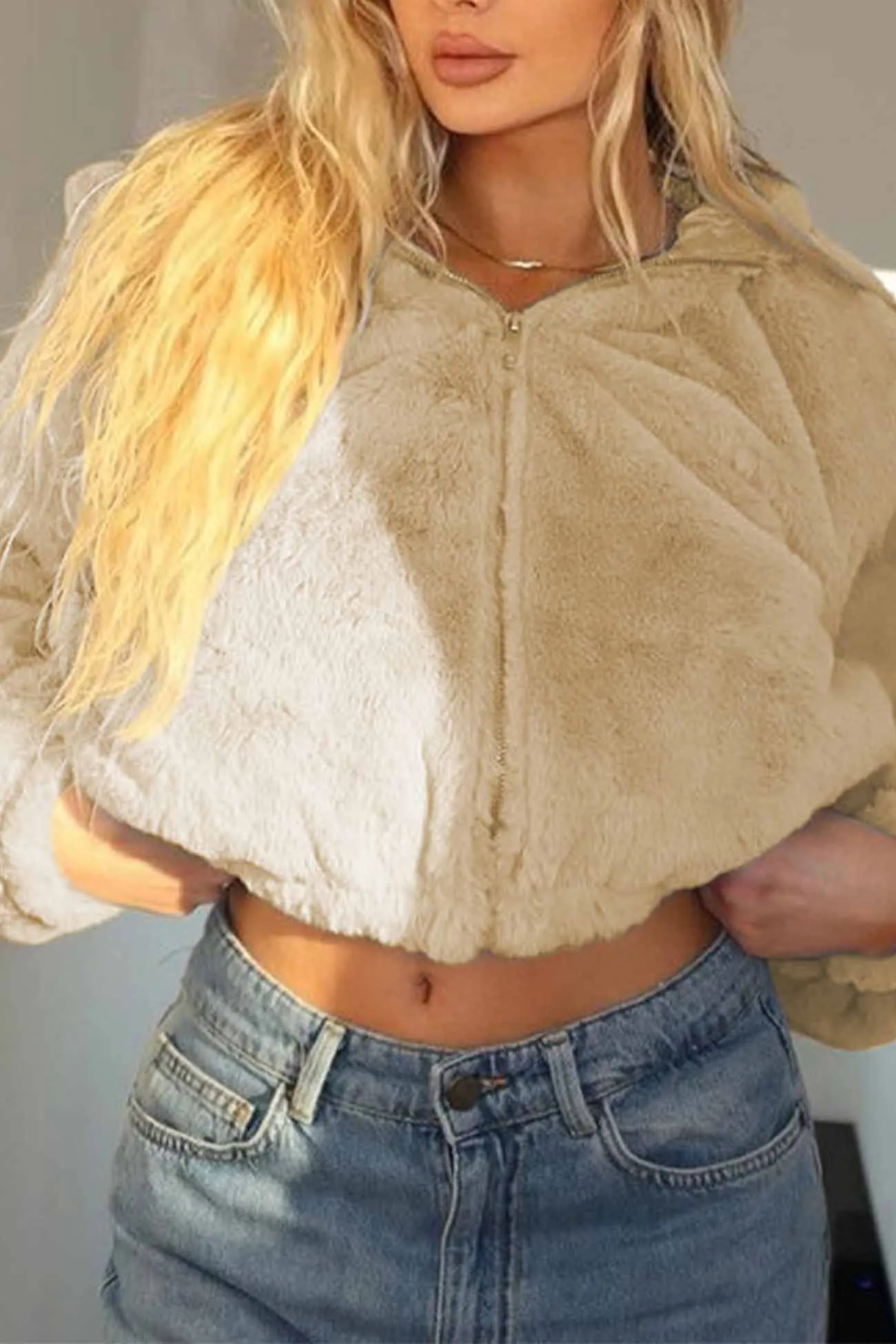 Solid Zippered Hooded Plush Jacket