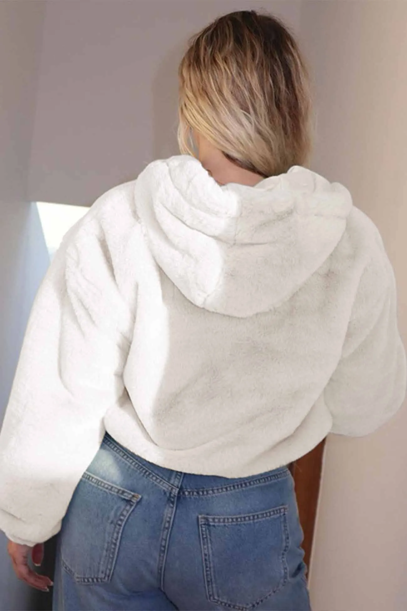 Solid Zippered Hooded Plush Jacket