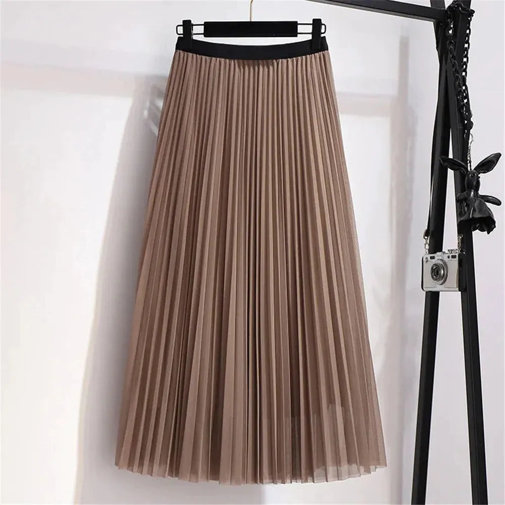 Spring Fashion Office Ladies 2pcs Suit Women Sashes V Neck Blazer Jacket Coat Mesh Pleated Long Skirt Korean Two Pieces Set