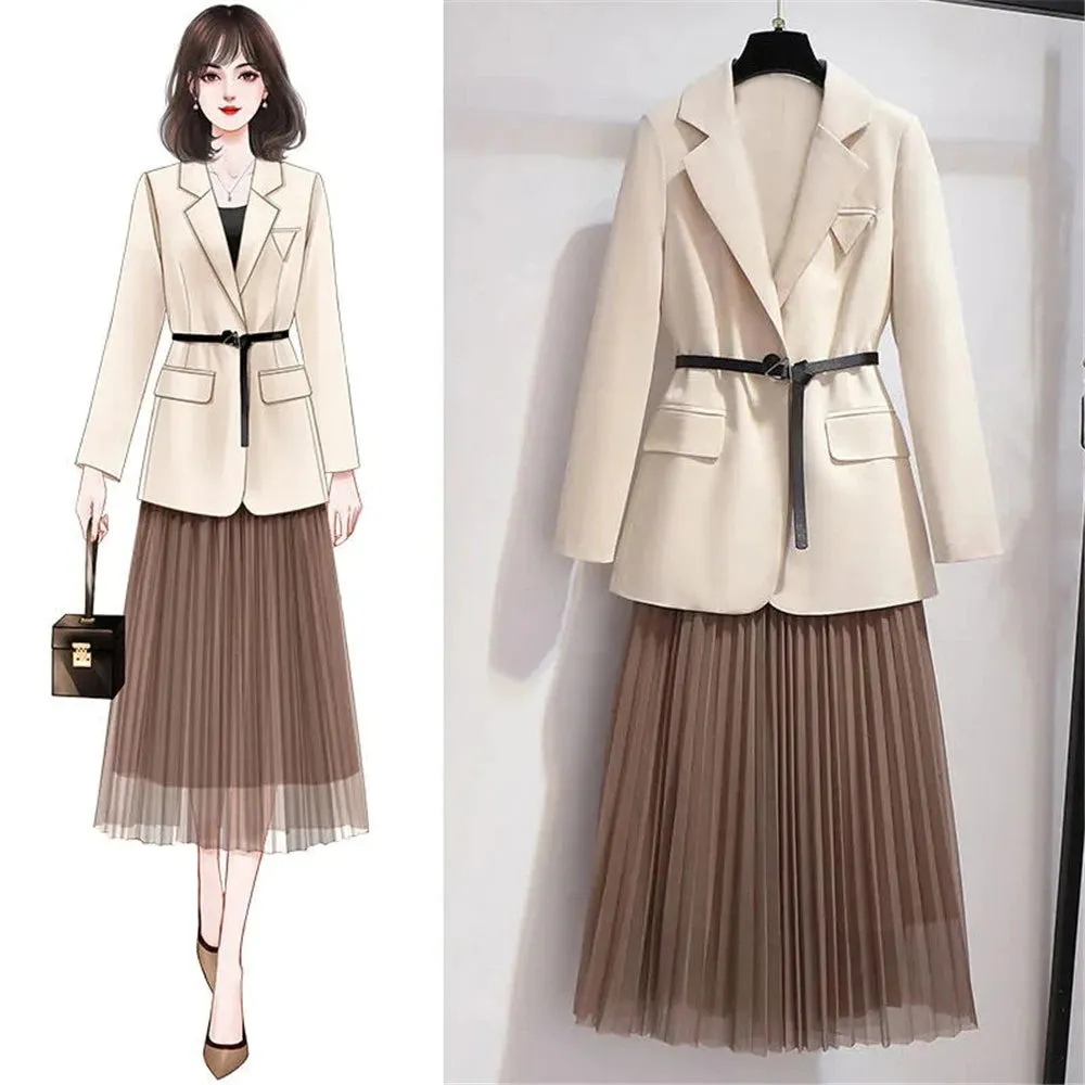 Spring Fashion Office Ladies 2pcs Suit Women Sashes V Neck Blazer Jacket Coat Mesh Pleated Long Skirt Korean Two Pieces Set