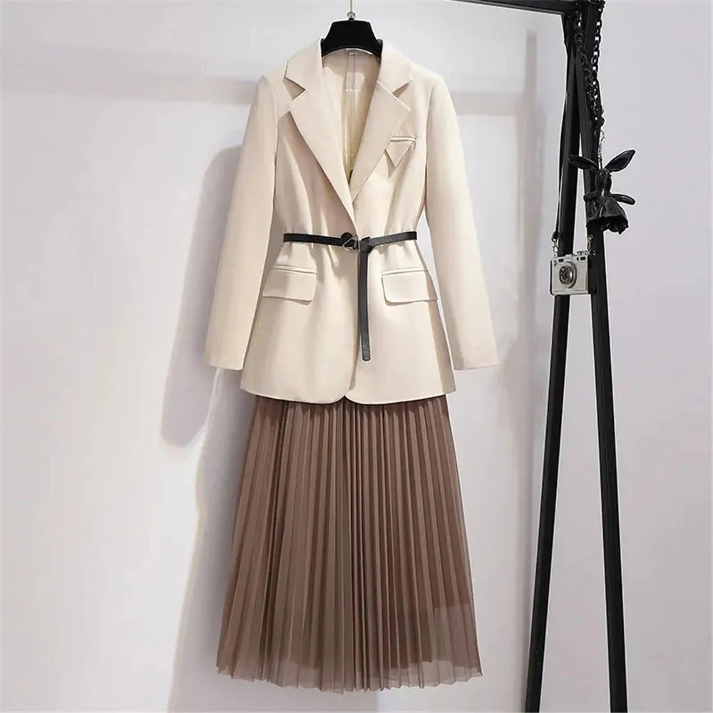 Spring Fashion Office Ladies 2pcs Suit Women Sashes V Neck Blazer Jacket Coat Mesh Pleated Long Skirt Korean Two Pieces Set
