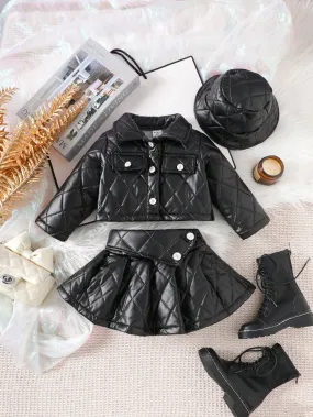Streecool Kids Baby Girl Single-Breasted Quilted Long Sleeve Jacket And Pleated Hem Skirt 2-Piece Set-FD