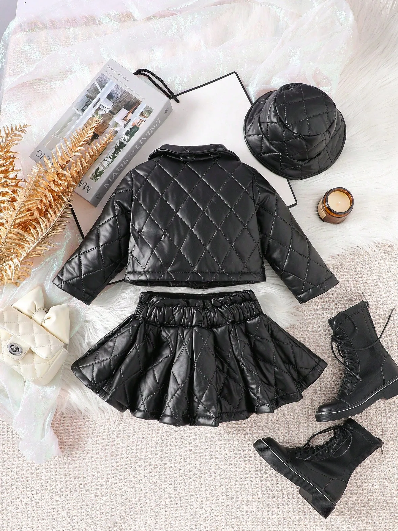 Streecool Kids Baby Girl Single-Breasted Quilted Long Sleeve Jacket And Pleated Hem Skirt 2-Piece Set
