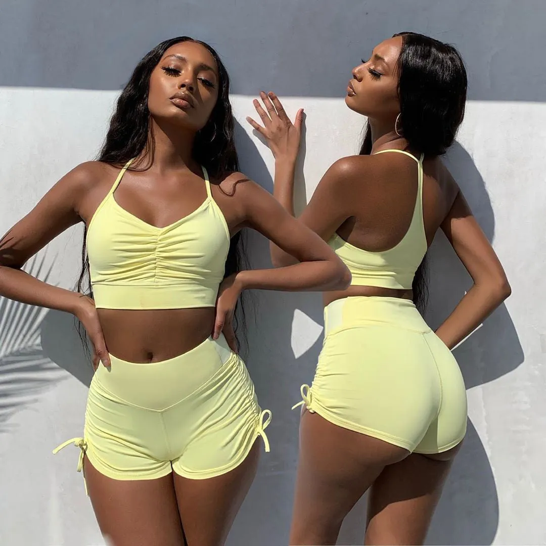 Summer Solid Womens 2 Piece Outfits Tracksuits Spaghetti strap Backless Two Piece Set Crop Tops Sport Pants Sets