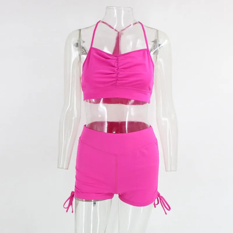 Summer Solid Womens 2 Piece Outfits Tracksuits Spaghetti strap Backless Two Piece Set Crop Tops Sport Pants Sets