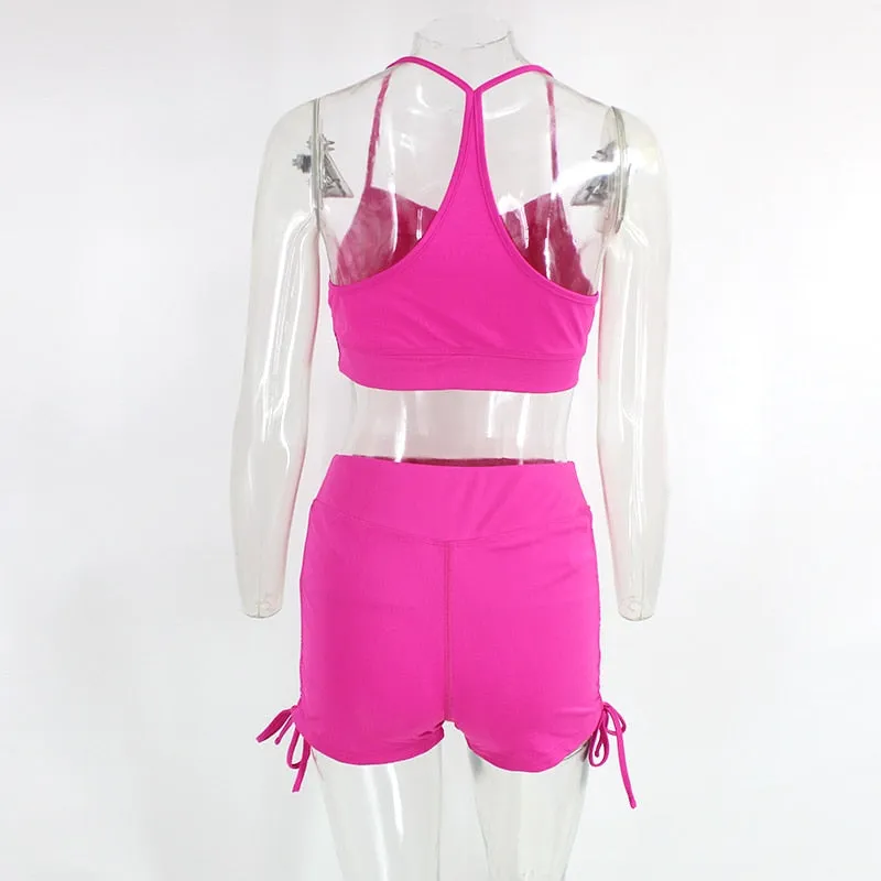Summer Solid Womens 2 Piece Outfits Tracksuits Spaghetti strap Backless Two Piece Set Crop Tops Sport Pants Sets