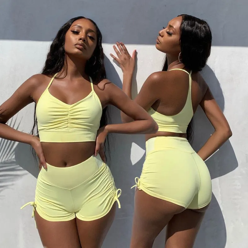 Summer Solid Womens 2 Piece Outfits Tracksuits Spaghetti strap Backless Two Piece Set Crop Tops Sport Pants Sets