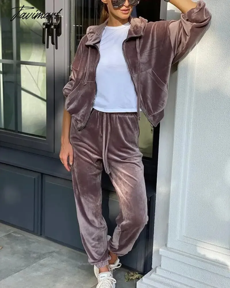 Tavimart Autumn Female Long Sleeve High Waisted Velvet Hooded Pant Sets Solid Color Women Winter Casual Korean Fashion Outfits