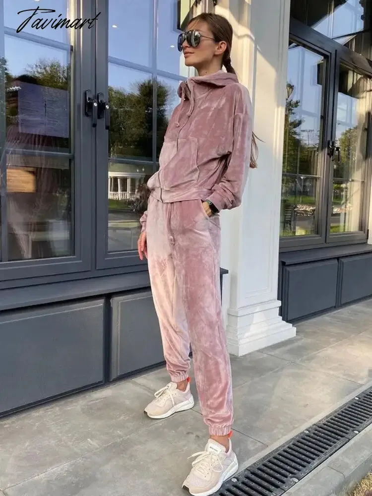 Tavimart Autumn Female Long Sleeve High Waisted Velvet Hooded Pant Sets Solid Color Women Winter Casual Korean Fashion Outfits