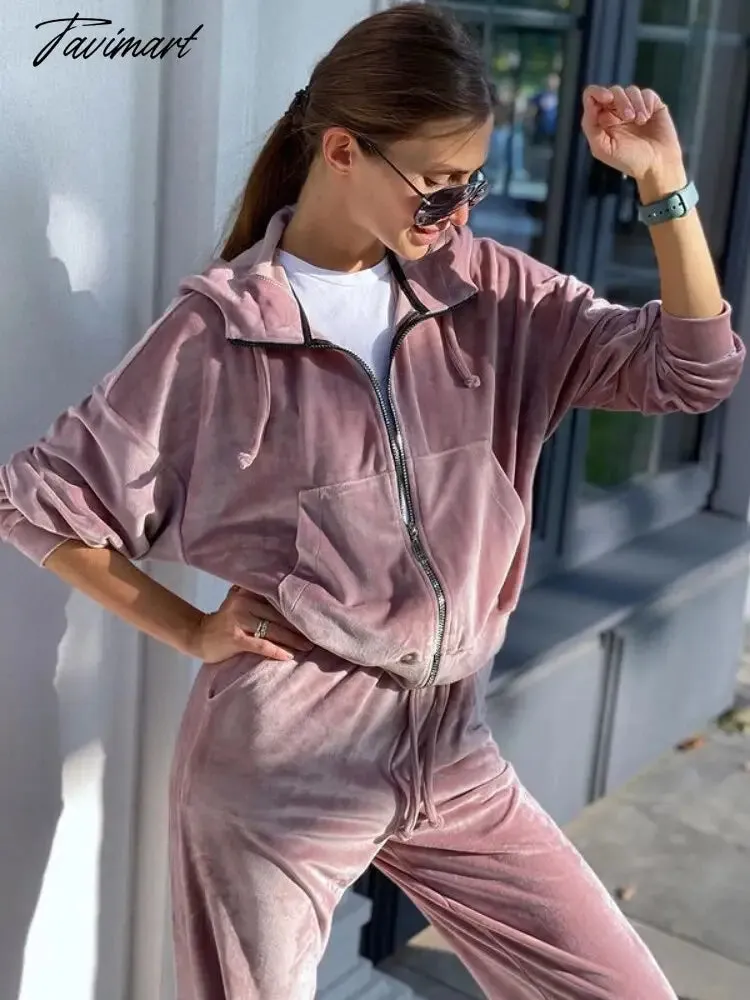 Tavimart Autumn Female Long Sleeve High Waisted Velvet Hooded Pant Sets Solid Color Women Winter Casual Korean Fashion Outfits