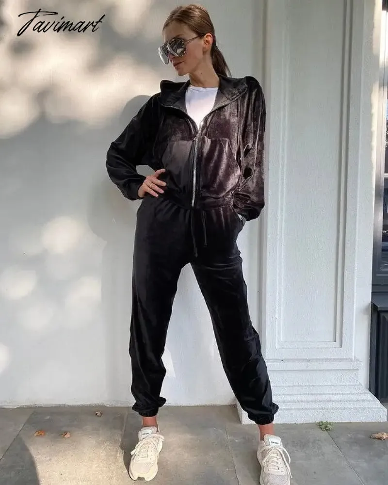 Tavimart Autumn Female Long Sleeve High Waisted Velvet Hooded Pant Sets Solid Color Women Winter Casual Korean Fashion Outfits