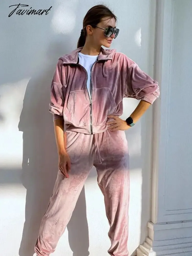 Tavimart Autumn Female Long Sleeve High Waisted Velvet Hooded Pant Sets Solid Color Women Winter Casual Korean Fashion Outfits