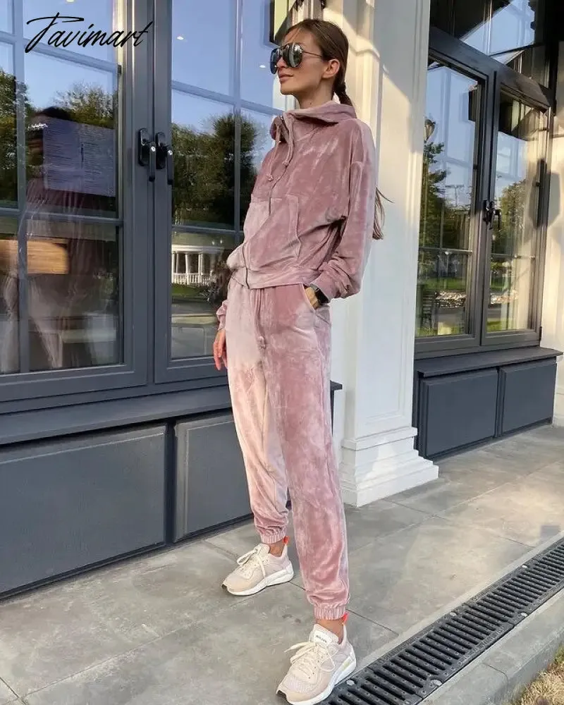 Tavimart Autumn Female Long Sleeve High Waisted Velvet Hooded Pant Sets Solid Color Women Winter Casual Korean Fashion Outfits