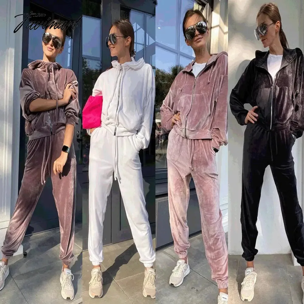 Tavimart Autumn Female Long Sleeve High Waisted Velvet Hooded Pant Sets Solid Color Women Winter Casual Korean Fashion Outfits