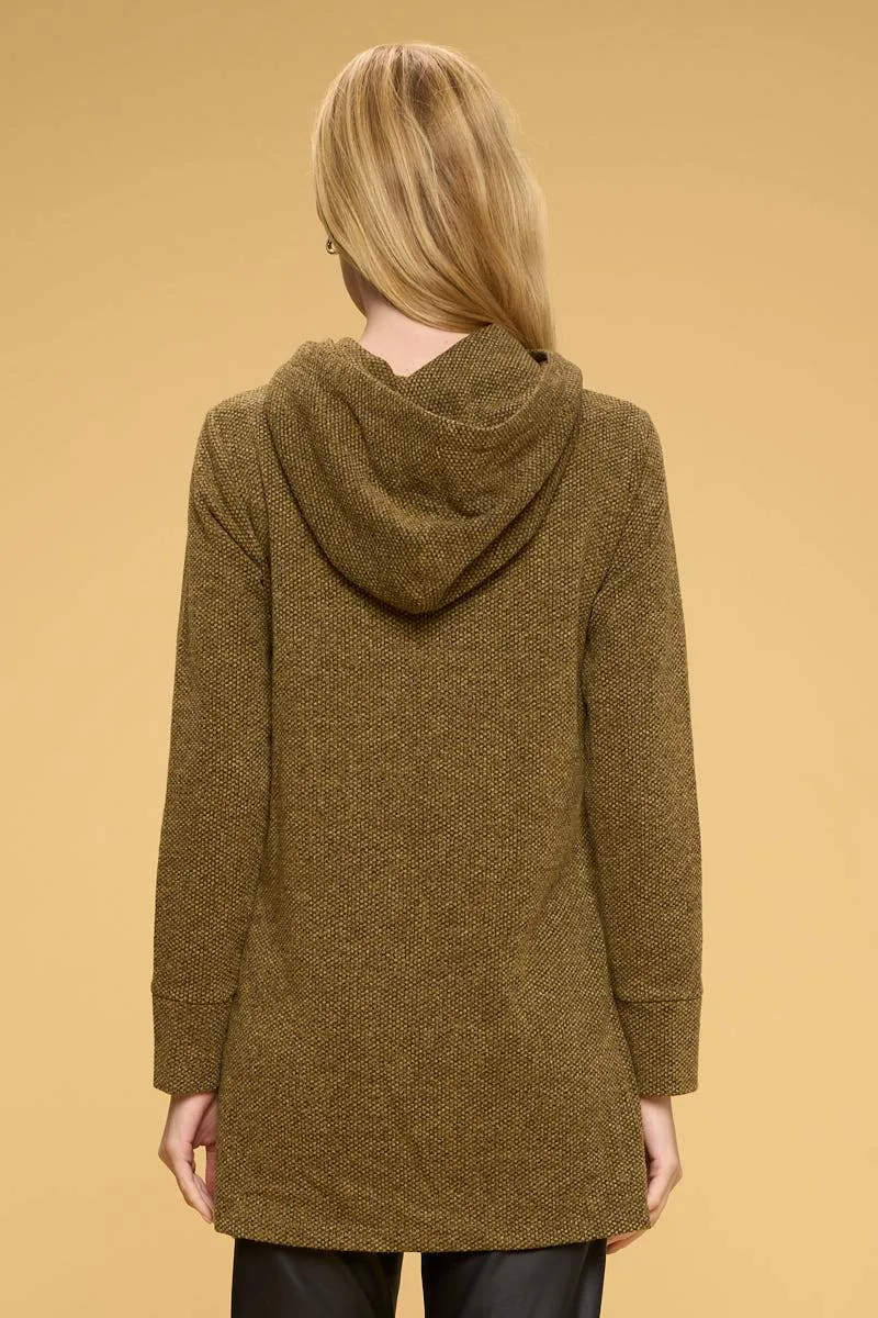 Textured Knit Tunic Hoodie with Side Slits