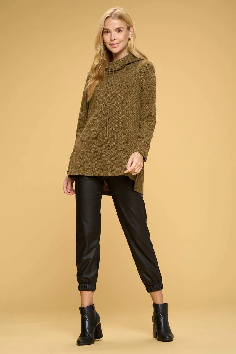 Textured Knit Tunic Hoodie with Side Slits