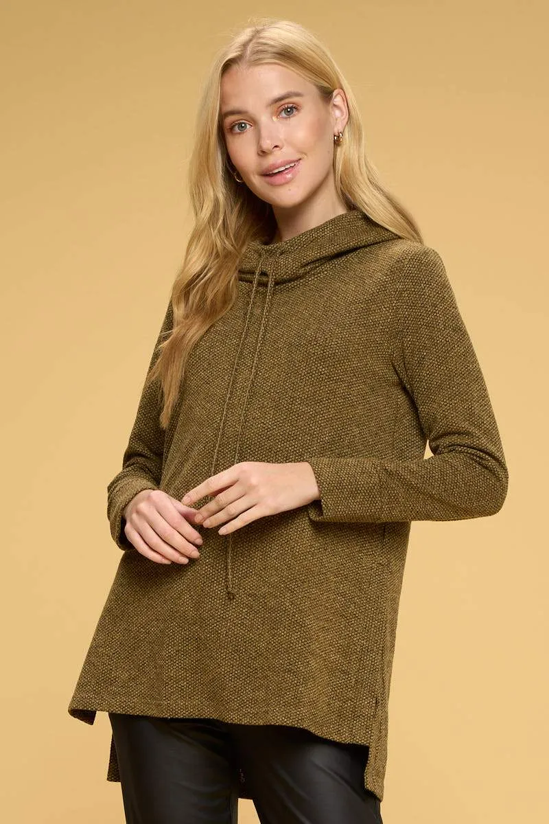 Textured Knit Tunic Hoodie with Side Slits