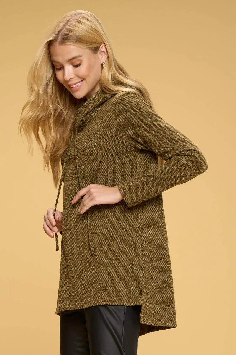 Textured Knit Tunic Hoodie with Side Slits