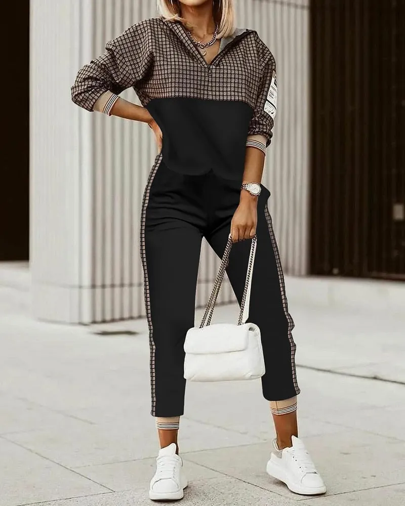 Wenkouban 2023 New Fashion Women Plaid Print Zipper Front Hooded Top & Pants Set Two Pieces Suit Flare Pants Outwear