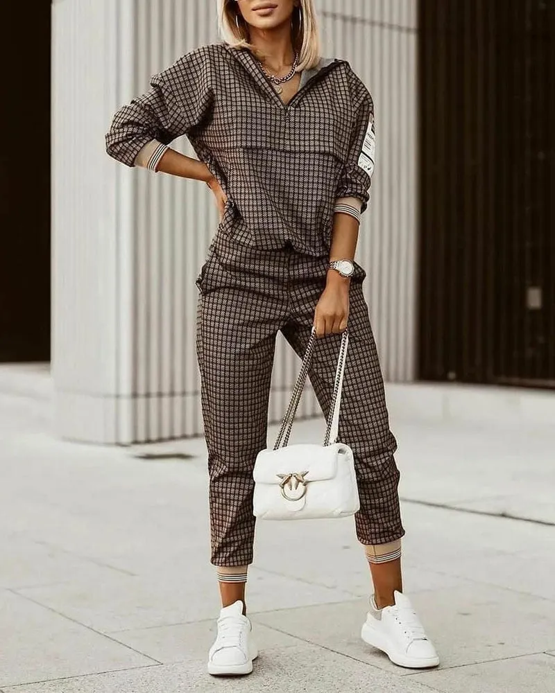 Wenkouban 2023 New Fashion Women Plaid Print Zipper Front Hooded Top & Pants Set Two Pieces Suit Flare Pants Outwear