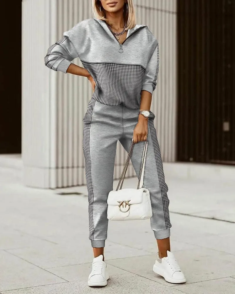 Wenkouban 2023 New Fashion Women Plaid Print Zipper Front Hooded Top & Pants Set Two Pieces Suit Flare Pants Outwear