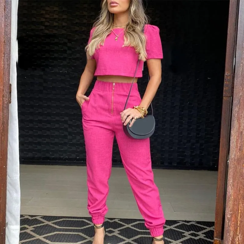 Wenkouban 2023 Summer Fashion Women's Suit Short Sleeve Puff Sleeve Top High Waist Slim Pants Elegant Casual Suit Office Lady 2-piece Set