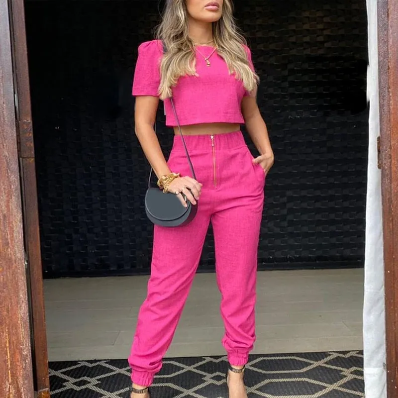 Wenkouban 2023 Summer Fashion Women's Suit Short Sleeve Puff Sleeve Top High Waist Slim Pants Elegant Casual Suit Office Lady 2-piece Set