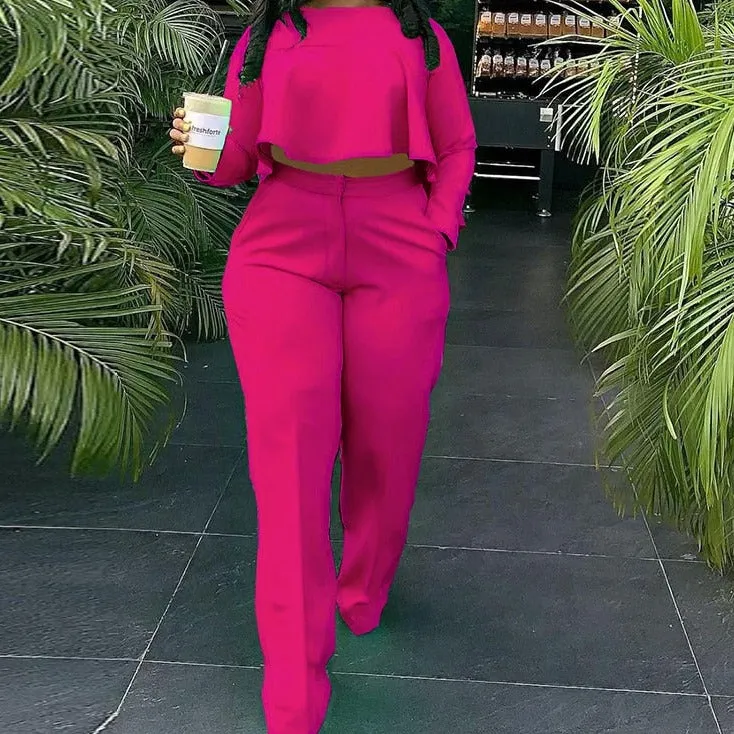 Wenkouban Women Two Piece Casual Suits Long Sleeve Dip Hem Crop Top Shirt & Loose Pants Set