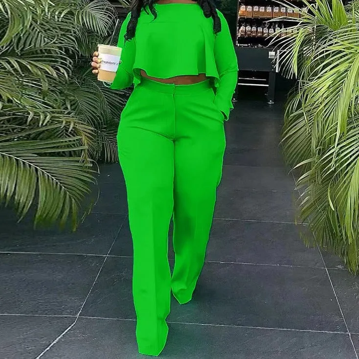 Wenkouban Women Two Piece Casual Suits Long Sleeve Dip Hem Crop Top Shirt & Loose Pants Set