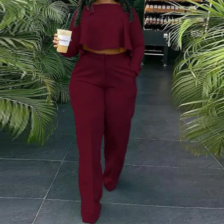 Wenkouban Women Two Piece Casual Suits Long Sleeve Dip Hem Crop Top Shirt & Loose Pants Set