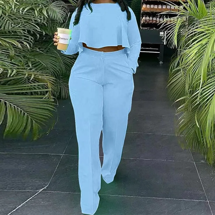 Wenkouban Women Two Piece Casual Suits Long Sleeve Dip Hem Crop Top Shirt & Loose Pants Set