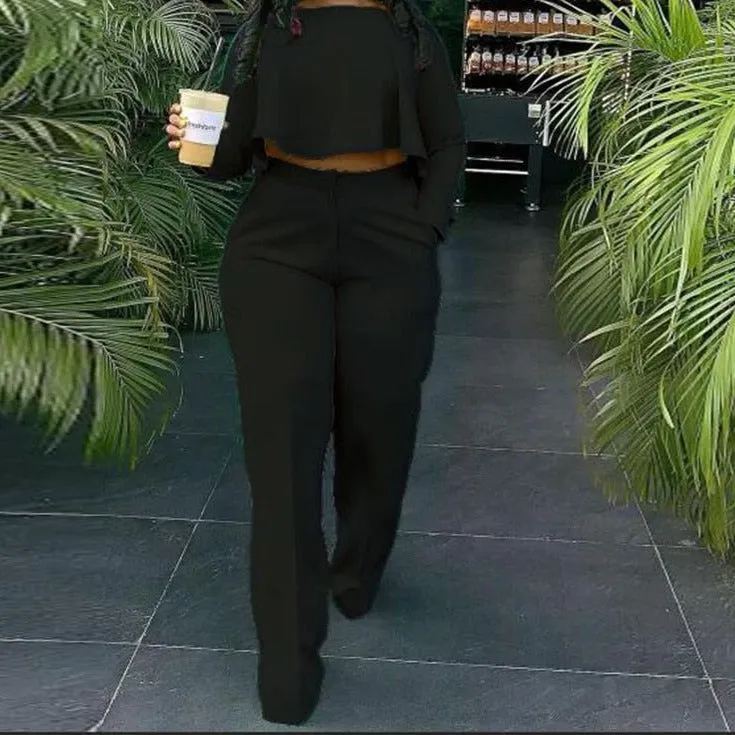 Wenkouban Women Two Piece Casual Suits Long Sleeve Dip Hem Crop Top Shirt & Loose Pants Set