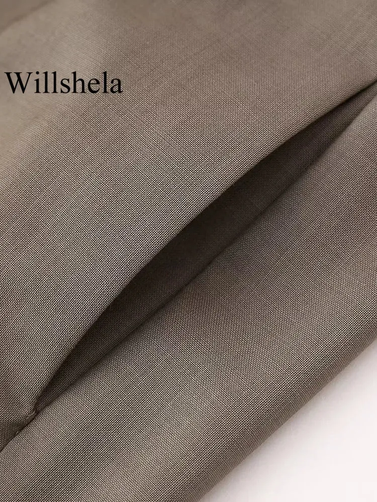 Willshela Women Fashion Two Piece Set Brown Pleated Halter Neck Tops & Straight Pants Vintage Female Chic Lady Pants Suit