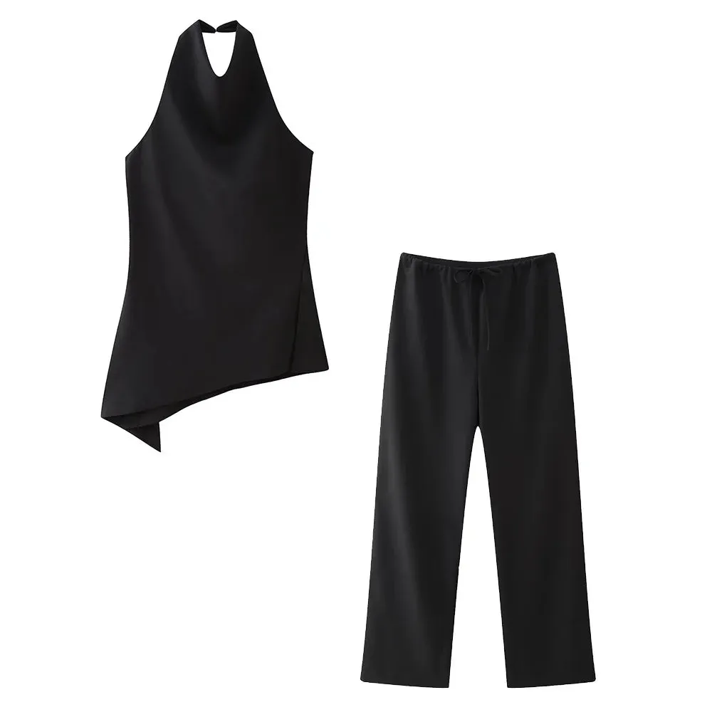 Willshela Women Fashion Two Piece Set Brown Pleated Halter Neck Tops & Straight Pants Vintage Female Chic Lady Pants Suit