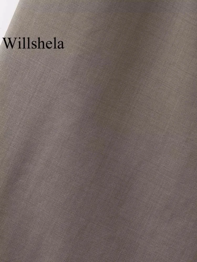 Willshela Women Fashion Two Piece Set Brown Pleated Halter Neck Tops & Straight Pants Vintage Female Chic Lady Pants Suit