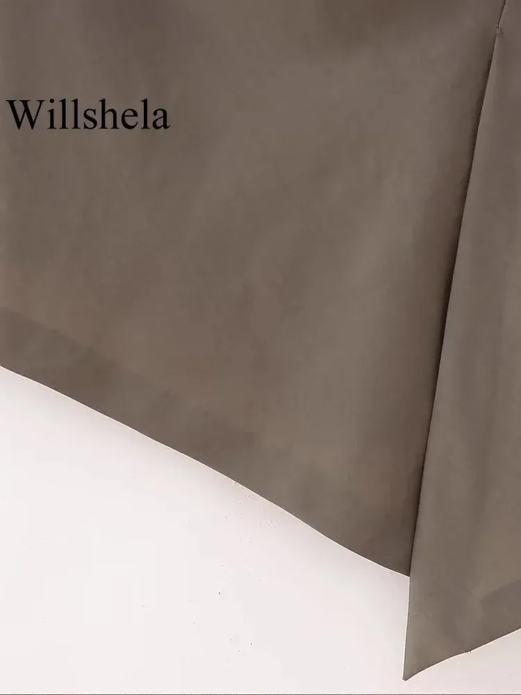 Willshela Women Fashion Two Piece Set Brown Pleated Halter Neck Tops & Straight Pants Vintage Female Chic Lady Pants Suit