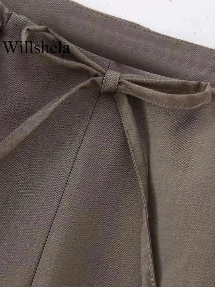 Willshela Women Fashion Two Piece Set Brown Pleated Halter Neck Tops & Straight Pants Vintage Female Chic Lady Pants Suit