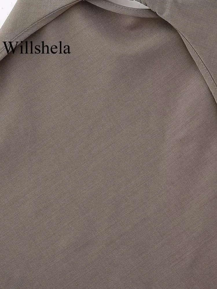 Willshela Women Fashion Two Piece Set Brown Pleated Halter Neck Tops & Straight Pants Vintage Female Chic Lady Pants Suit
