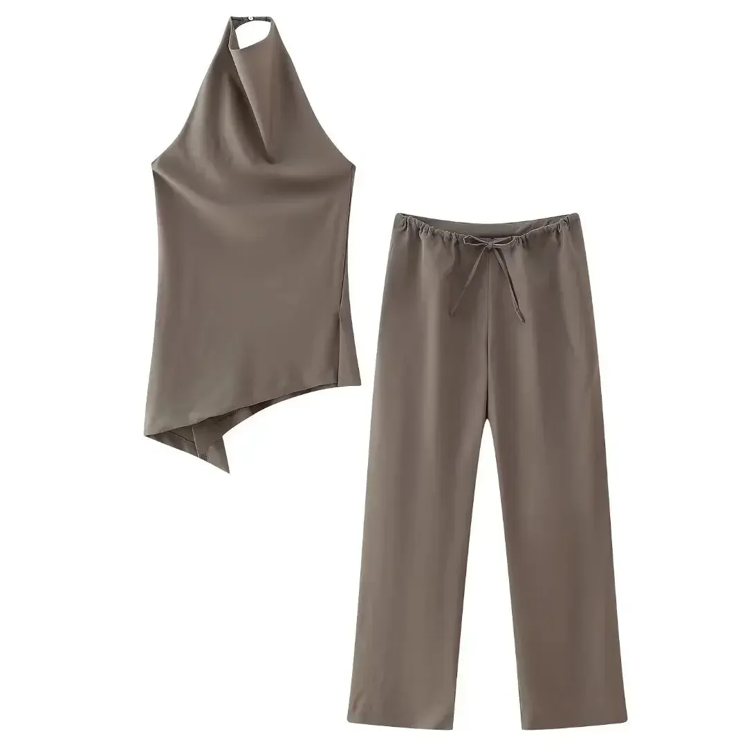 Willshela Women Fashion Two Piece Set Brown Pleated Halter Neck Tops & Straight Pants Vintage Female Chic Lady Pants Suit