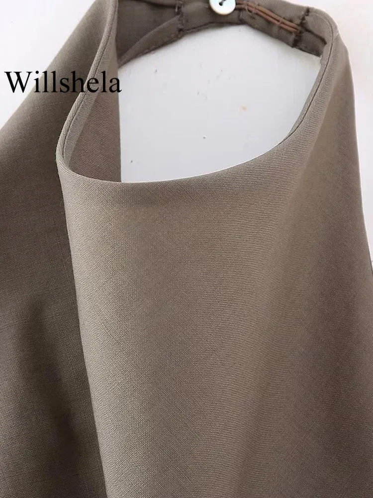 Willshela Women Fashion Two Piece Set Brown Pleated Halter Neck Tops & Straight Pants Vintage Female Chic Lady Pants Suit